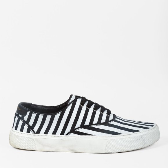 Saint Laurent Men's Black and White Stripe Canvas Lace Up Sneakers - Picture 1 of 10